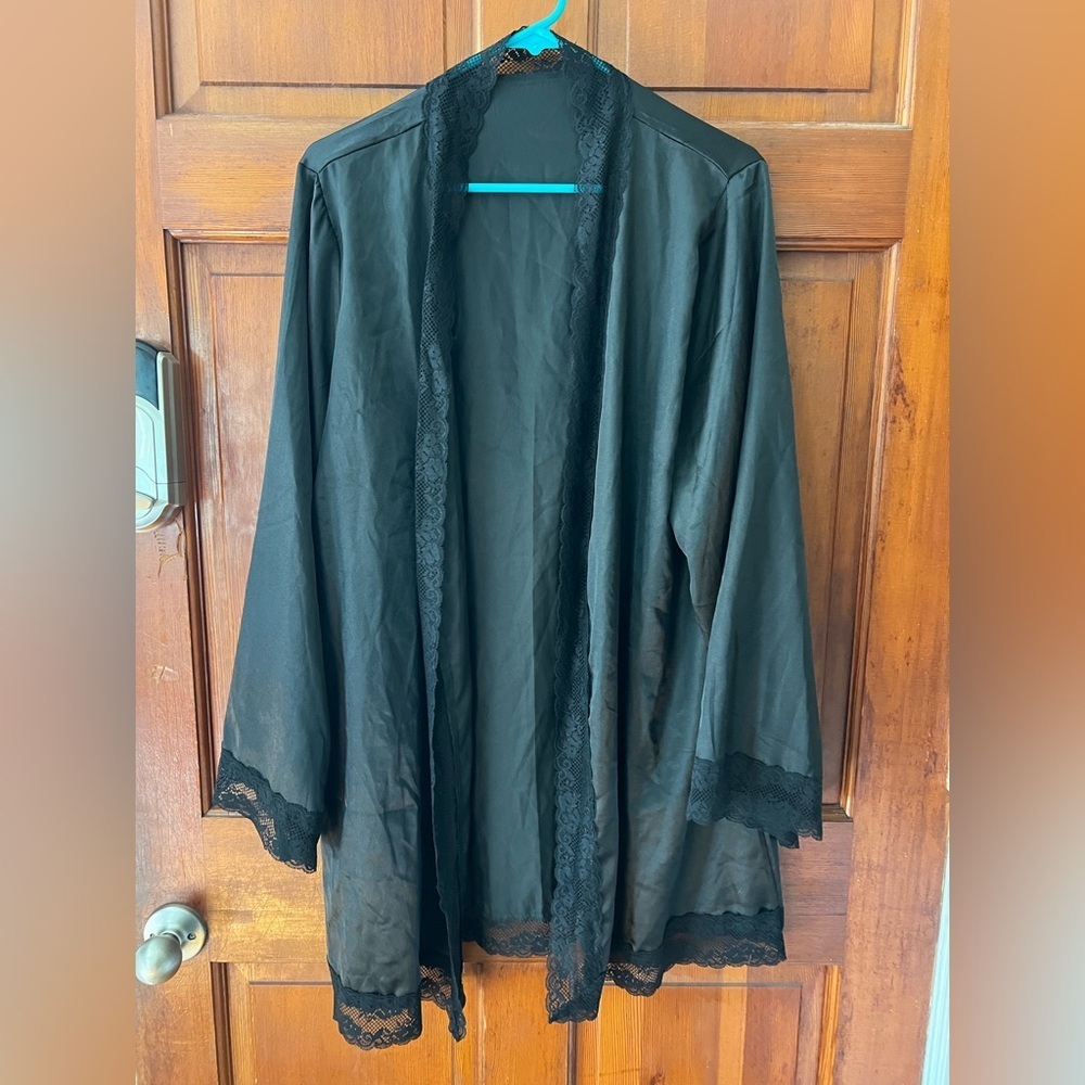 Black Lace Trim Kimono Cardigan XL Sheer Satin Duster Goth Boudoir Layering